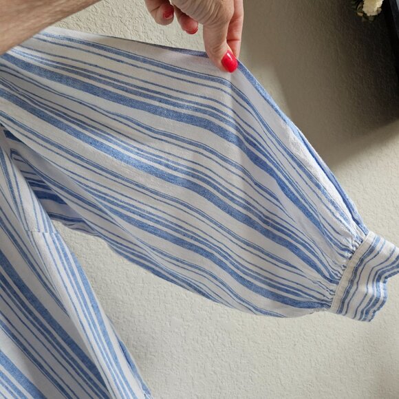 Cabi Woman Size M Linen Blend Vertical Stripe Bishop Sleeves Collared Tunic - Picture 3 of 8